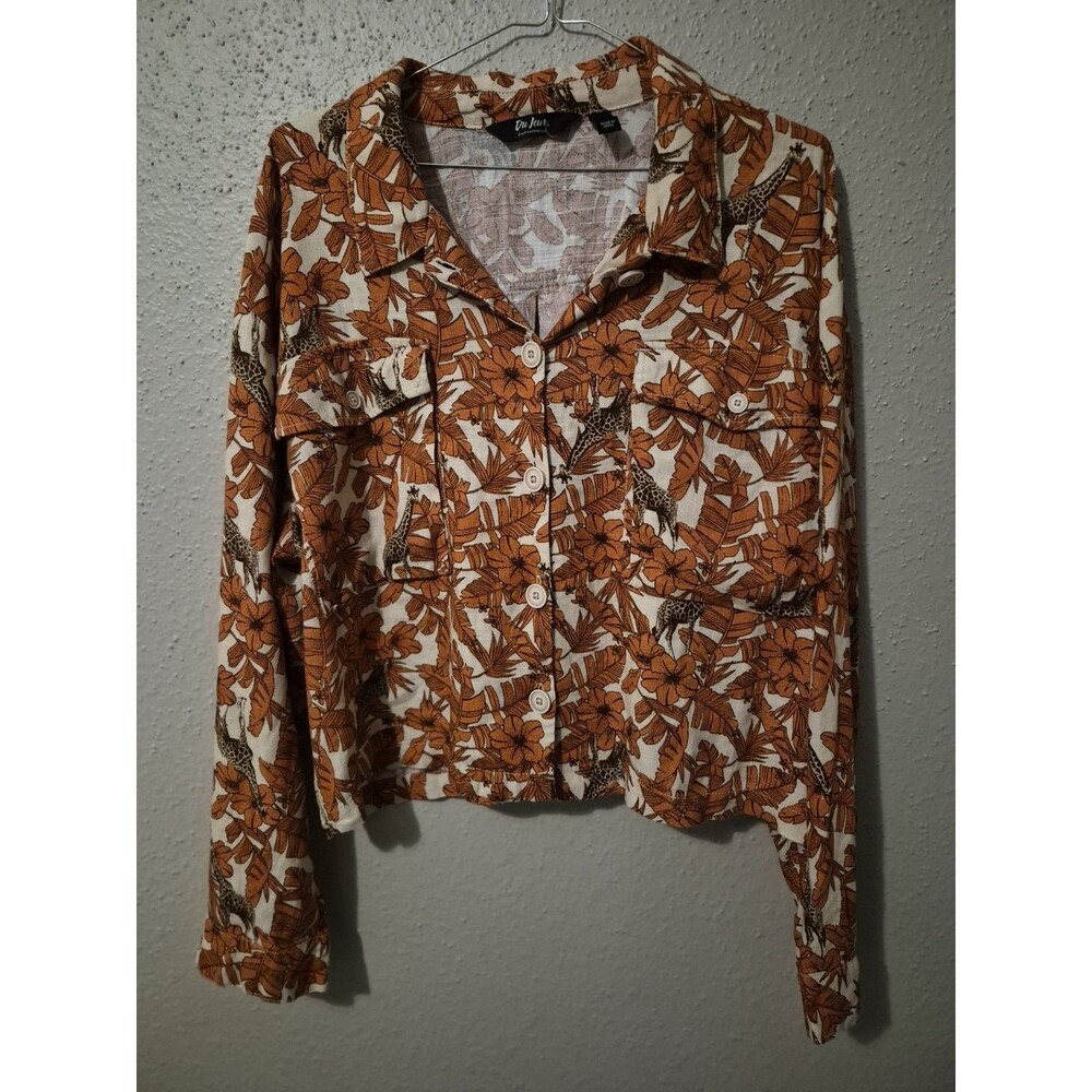 VTG Du Jour Rayon/Linen Safari Shirt XL Giraffe Leaves Floral Lagen Jacket - Picture 2 of 10